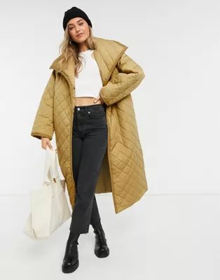 ASOS DESIGN longline diamond quilted maxi coat in stone | ASOS (Global)