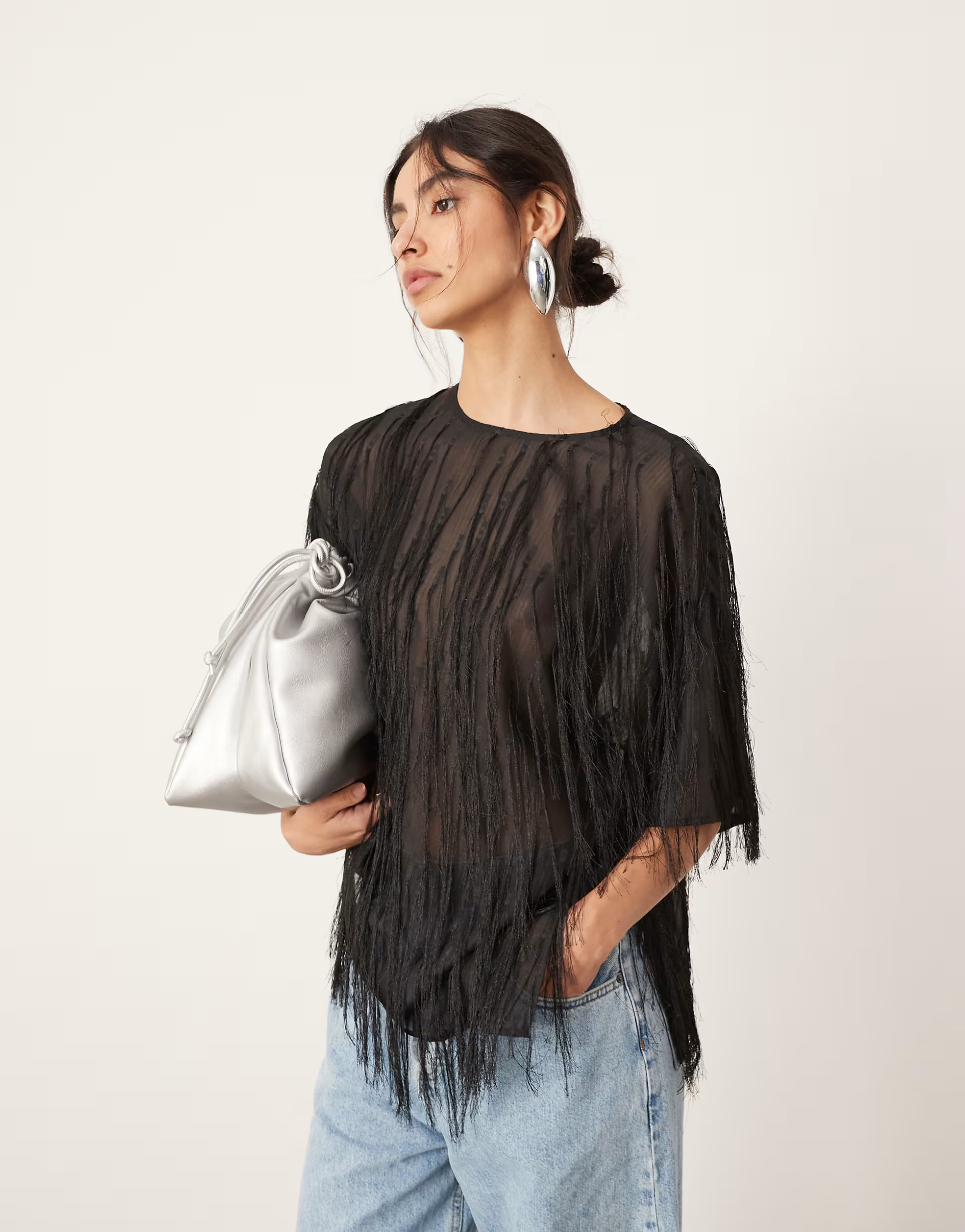 ASOS EDITION woven fringe detail boxy top in black | ASOS (Global)
