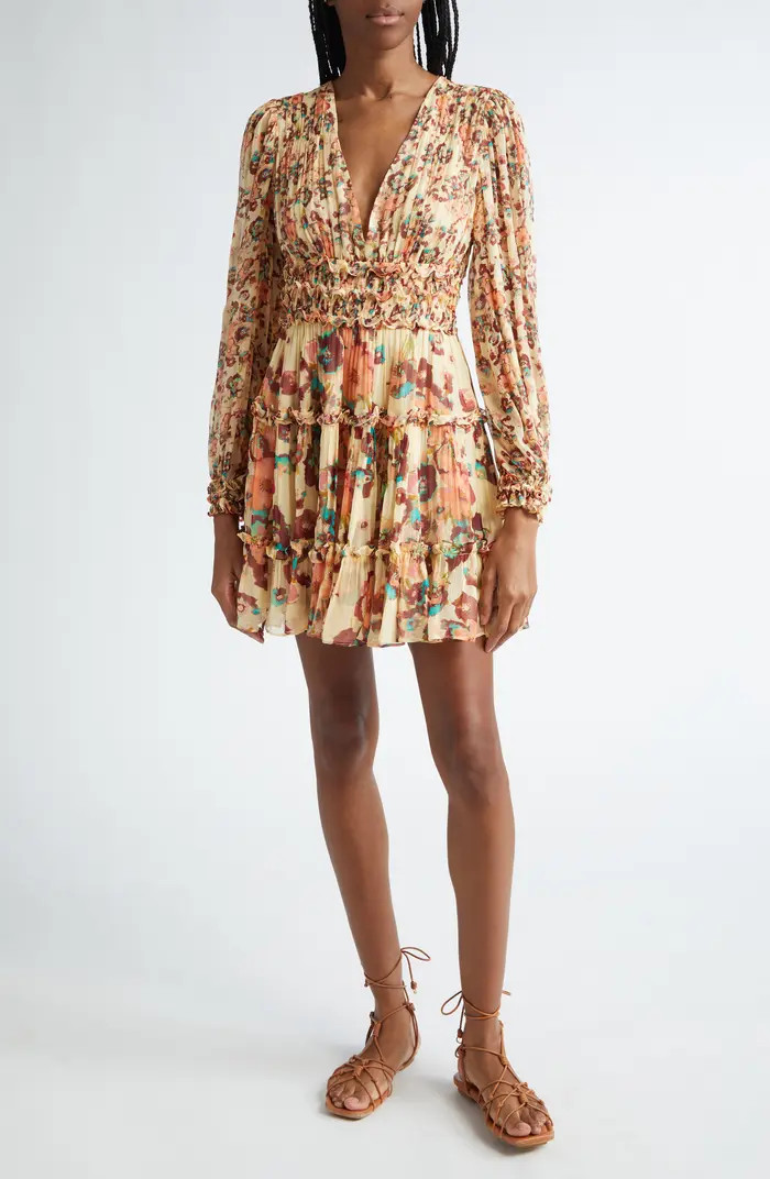 An allover print enlivens this frill-trimmed dress elevated in luxurious silk and fronted with a ... | Nordstrom