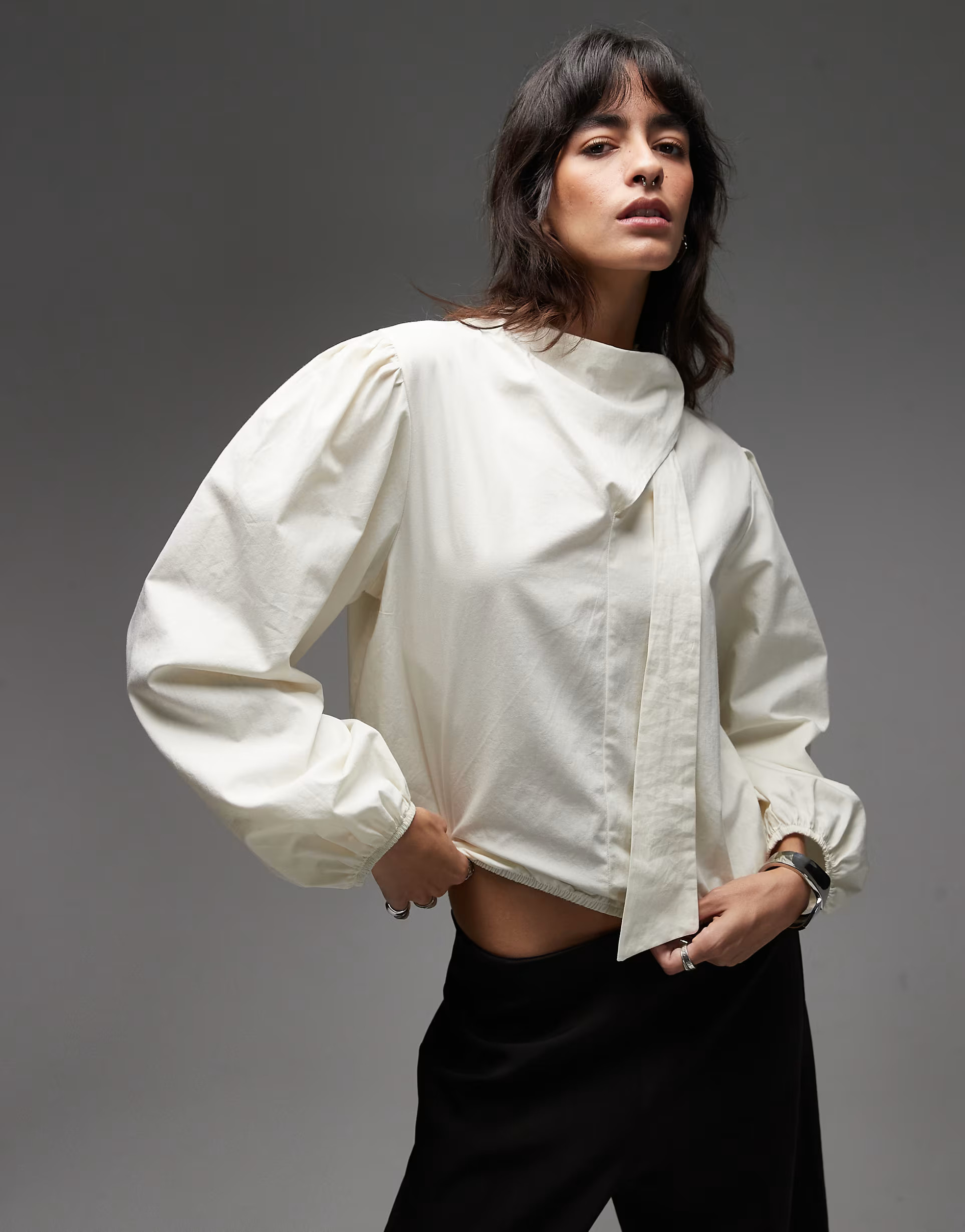 ASOS DESIGN poplin tie neck blouse in oyster | ASOS | ASOS (Global)