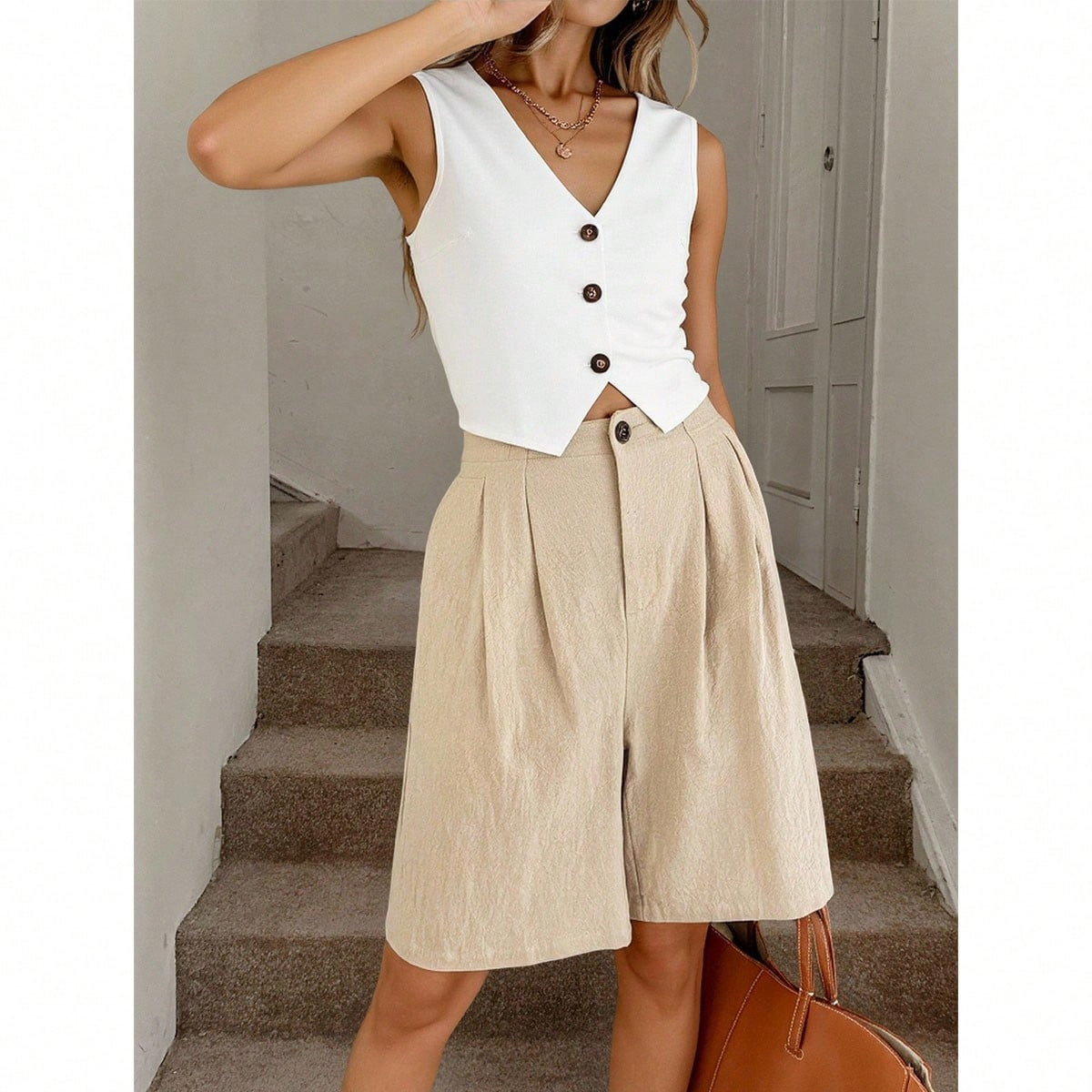 Easowa Casual Khaki Woven Bermuda Shorts With Straight Leg And Zipper Detail Long Shorts For Women Wide Leg Shorts High Waisted Shorts Women Shorts | SHEIN