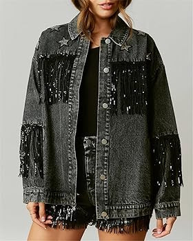 Women's Boyfriend Denim Jacket Long Sleeve Oversized Fringe Jean Jacket Coats | Amazon (US)