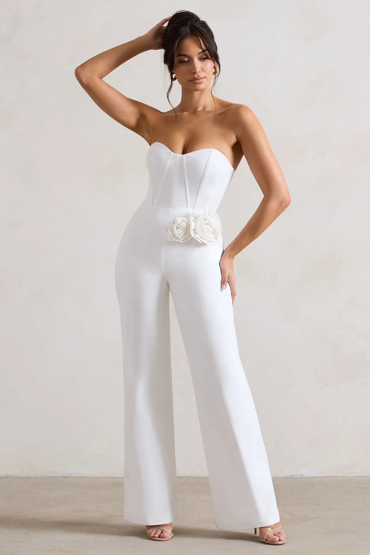 Sonia | White Sweetheart Corset Straight-Leg Jumpsuit With Flowers | Club L London