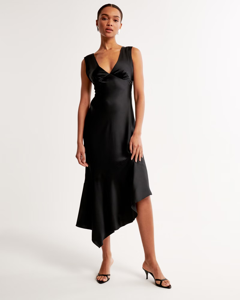 Satin Slip Asymmetrical Midi Dress | Abercrombie & Fitch (US)