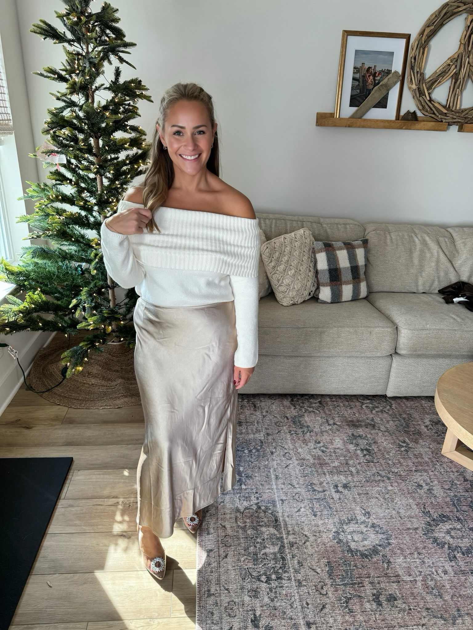 Cream sweater and satin midi skirt are 30% off at Old Navy 🤩 I paired them with a holiday heel from Target and a simple pair of earrings for a simple but elegant look. 

#LTKmidsize #LTKHoliday #LTKfindsunder50