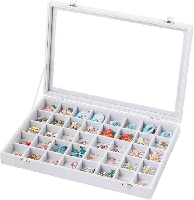 40 Grid Jewelry Tray,Adjustable Earring Holder Organizer with Glass Lid,Velvet Drawer Jewelry Org... | Amazon (US)