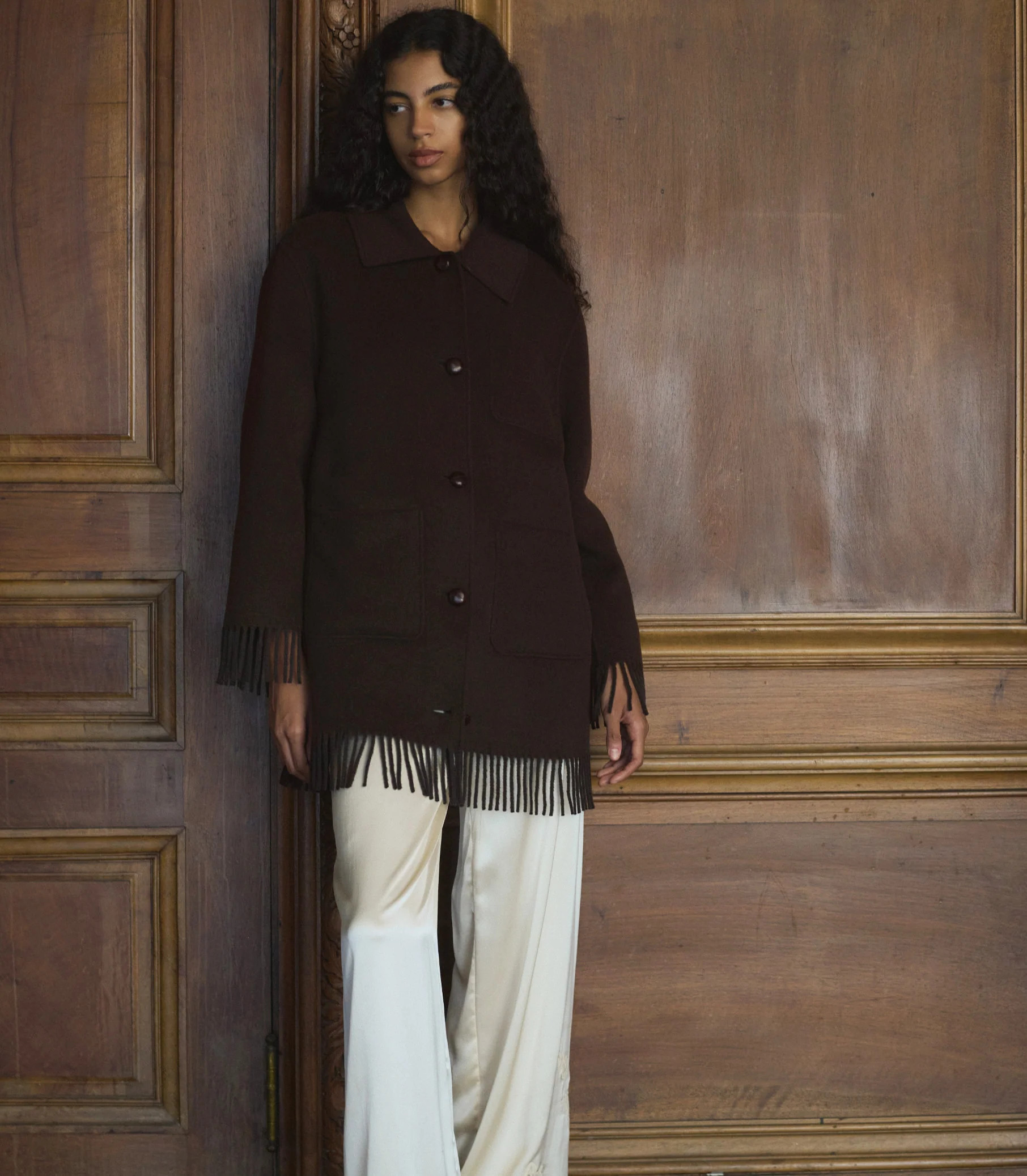 Germain Fringe Coat - Bitter Chocolate | DÔEN | DOEN