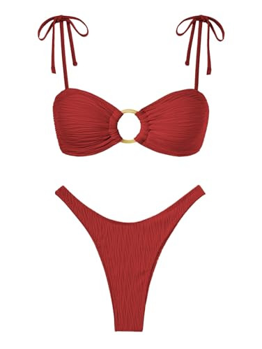 ZAFUL Women's Sexy Tie Spaghetti Strap Bikini Textured O Ring Ruched High Leg Swimsuit Cheeky Bat... | Amazon (US)