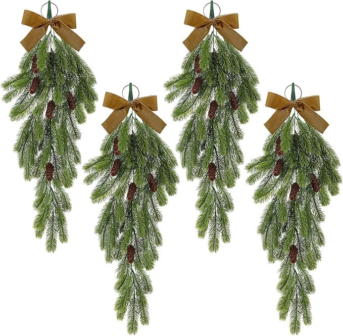 4 Pack Christmas Teardrop Swags Winter Rustic Pine Needles Swag with Pine Cones Velvet Bow Artifi... | Amazon (US)