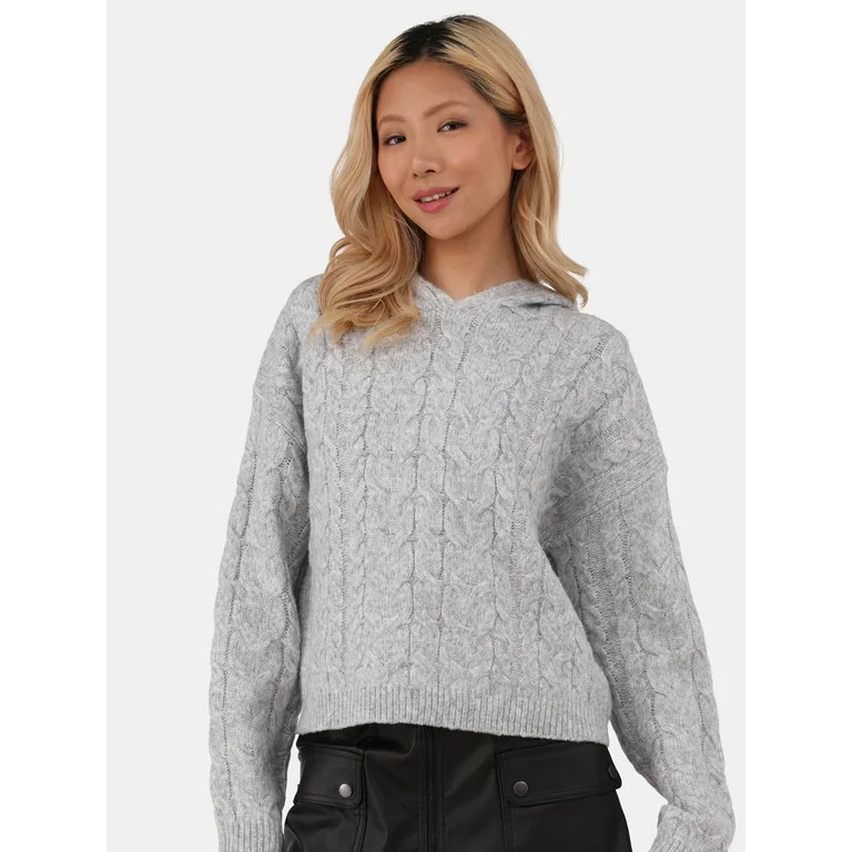 No Boundaries Cable Knit Hoodie Pullover, Women's and Women’s Plus | Walmart (US)