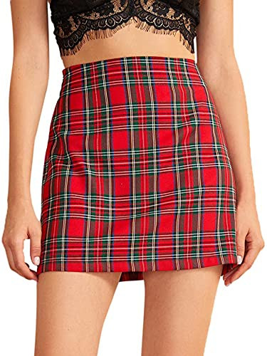 MakeMeChic Women's Plaid Skirt High Waisted Pencil Mini Skirt Red Green XS | Amazon (US)