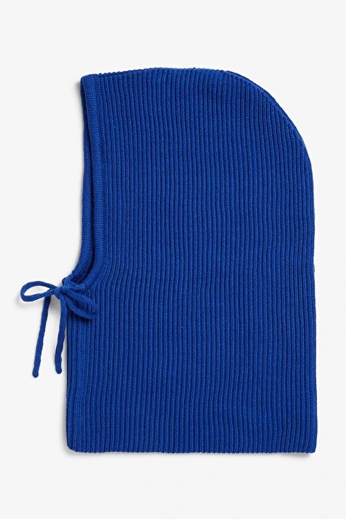 Knitted bright blue hood with drawstring | Monki