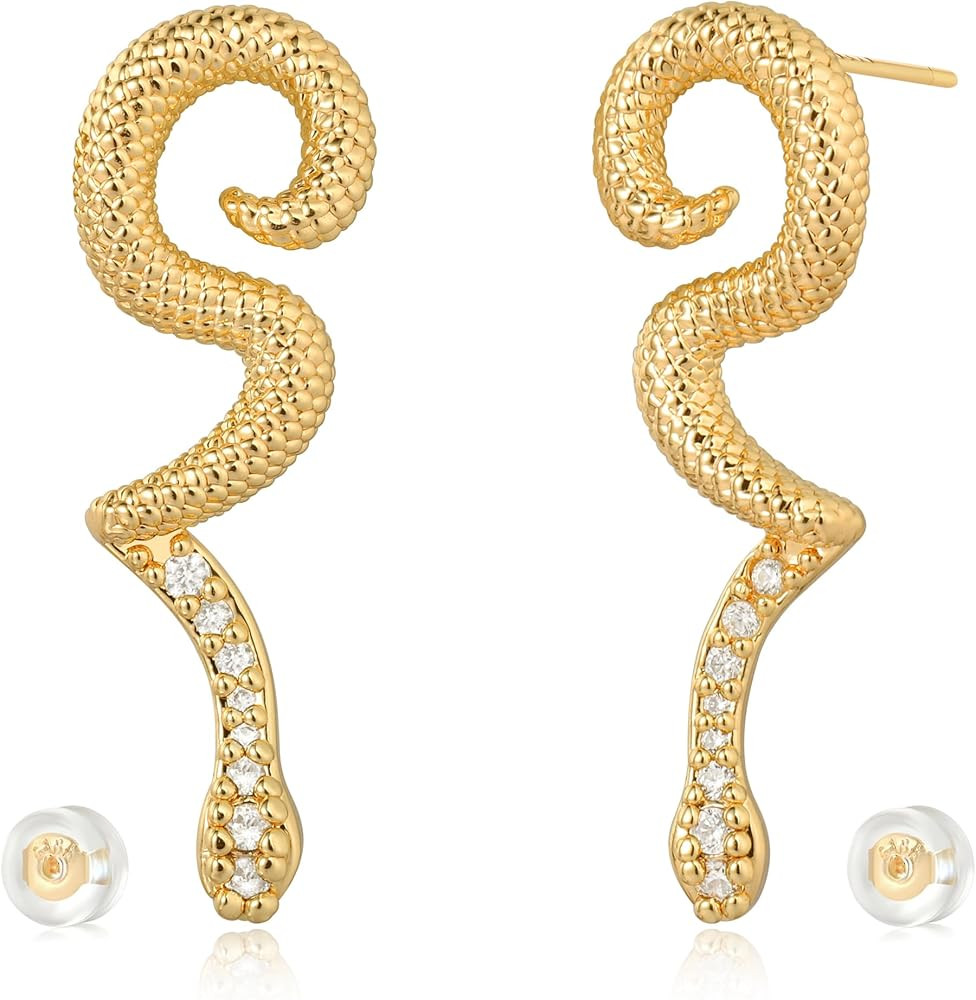 Gold Snake Stud Earrings 14K Gold Plated Cubic Zirconia Trendy Serpent Stud Earrings for Women Hy... | Amazon (US)