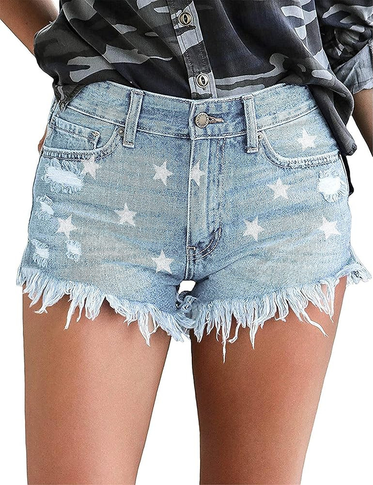 KISSMODA Women's Casual Denim Shorts Frayed Raw Hem Ripped Summer Jeans Rolled Up Stretchy Hot Sh... | Amazon (US)