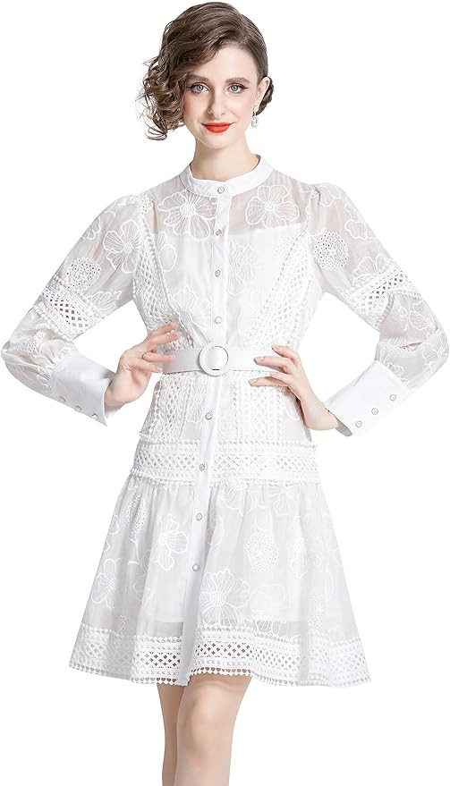 LAI MENG FIVE CATS Women's Hollow Out Floral Print Lantern Sleeve Button Casual Mini Dress | Amazon (US)