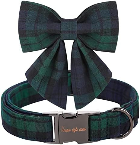 Unique style paws Christmas Dog Collar with Bow Tie Green Plaid Puppy Collar for Small Medium Lar... | Amazon (US)