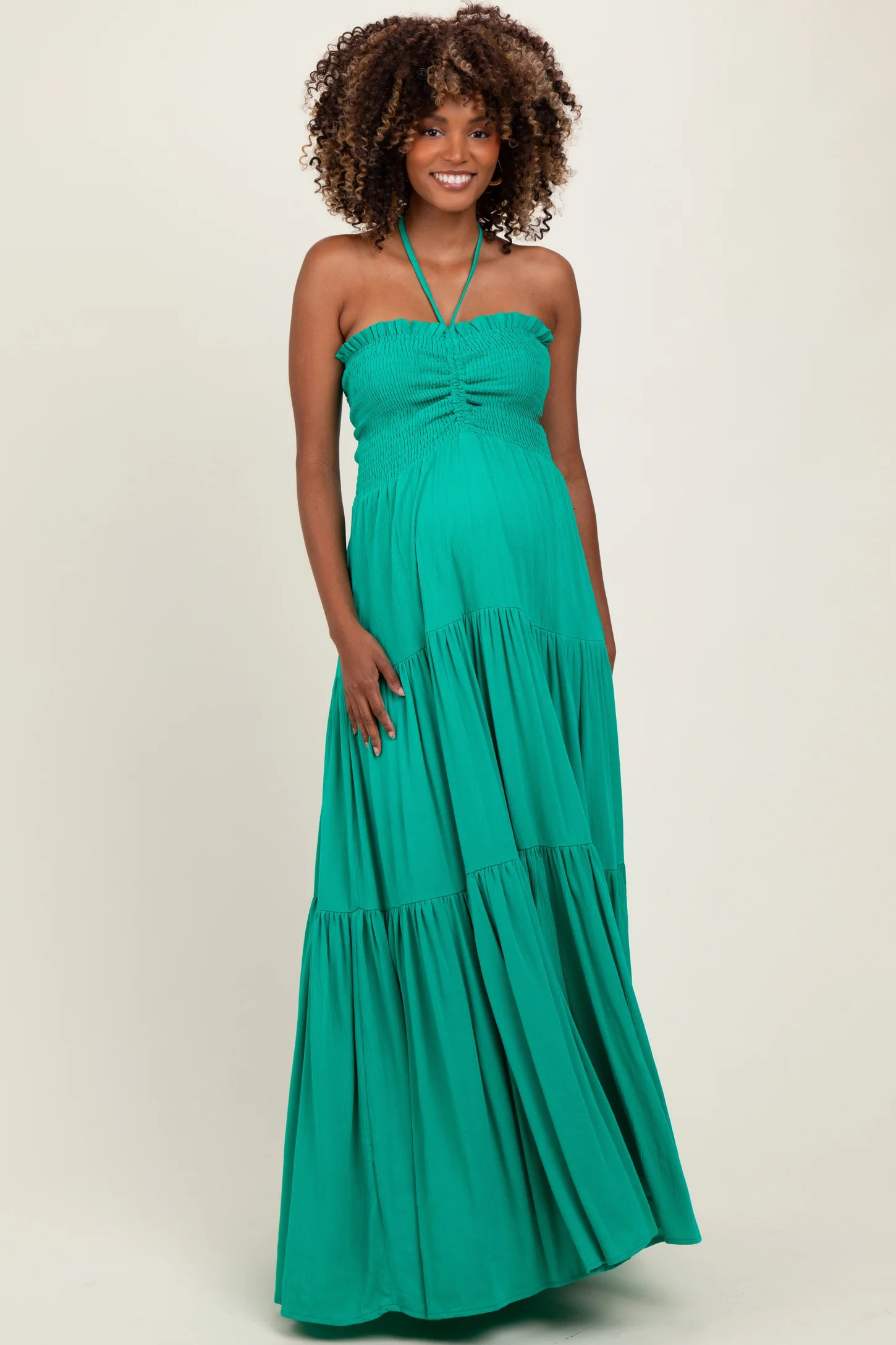 Green Smocked Halter Tiered Maternity Maxi Dress | PinkBlush Maternity