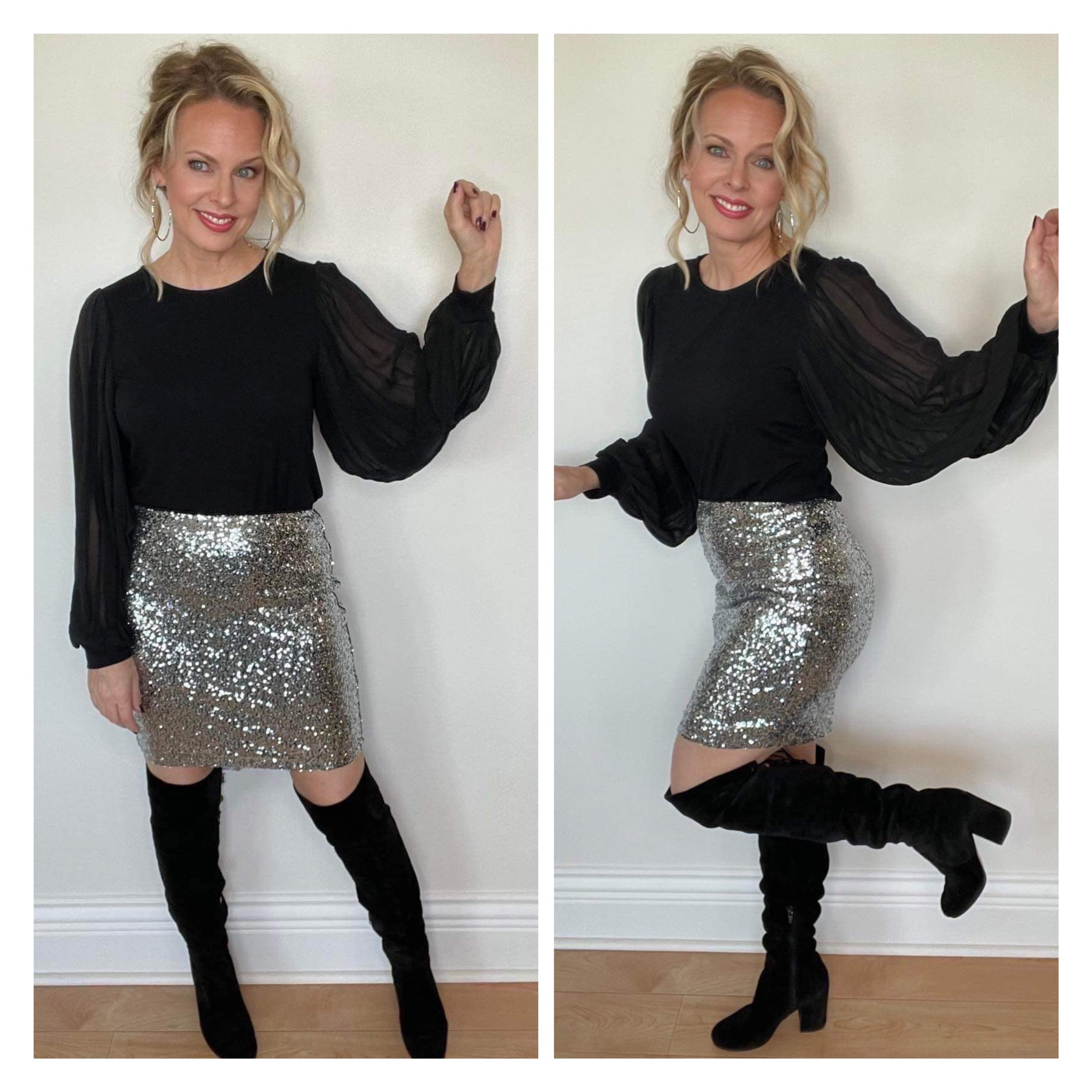 Dazzle in December and on New Years Eve in this silver sequin skirt and sheer balloon sleeve top. Over the knee boots let you go bare-legged..all from Nordstrom #LTKNYE

#LTKHoliday #LTKshoecrush #LTKstyletip