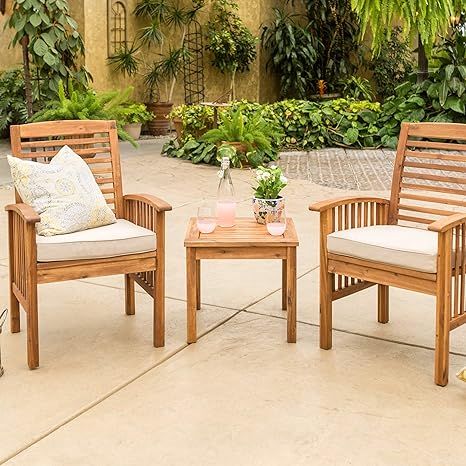 Walker Edison Rendezvous Modern 3 Piece Solid Acacia Wood Slat Back Outdoor Chair and Side Table ... | Amazon (US)
