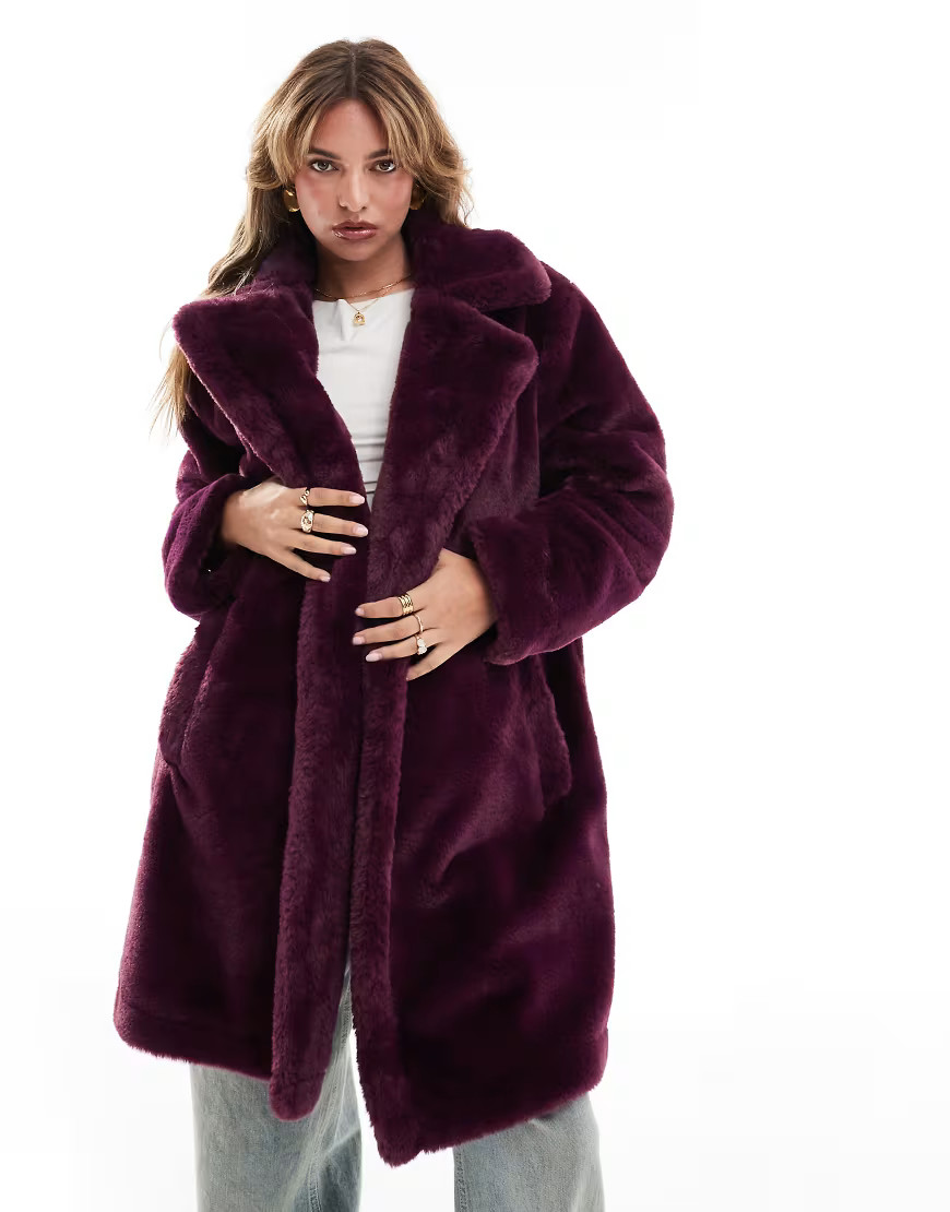 French Connection faux fur coat in oxblood-Red | ASOS (Global)