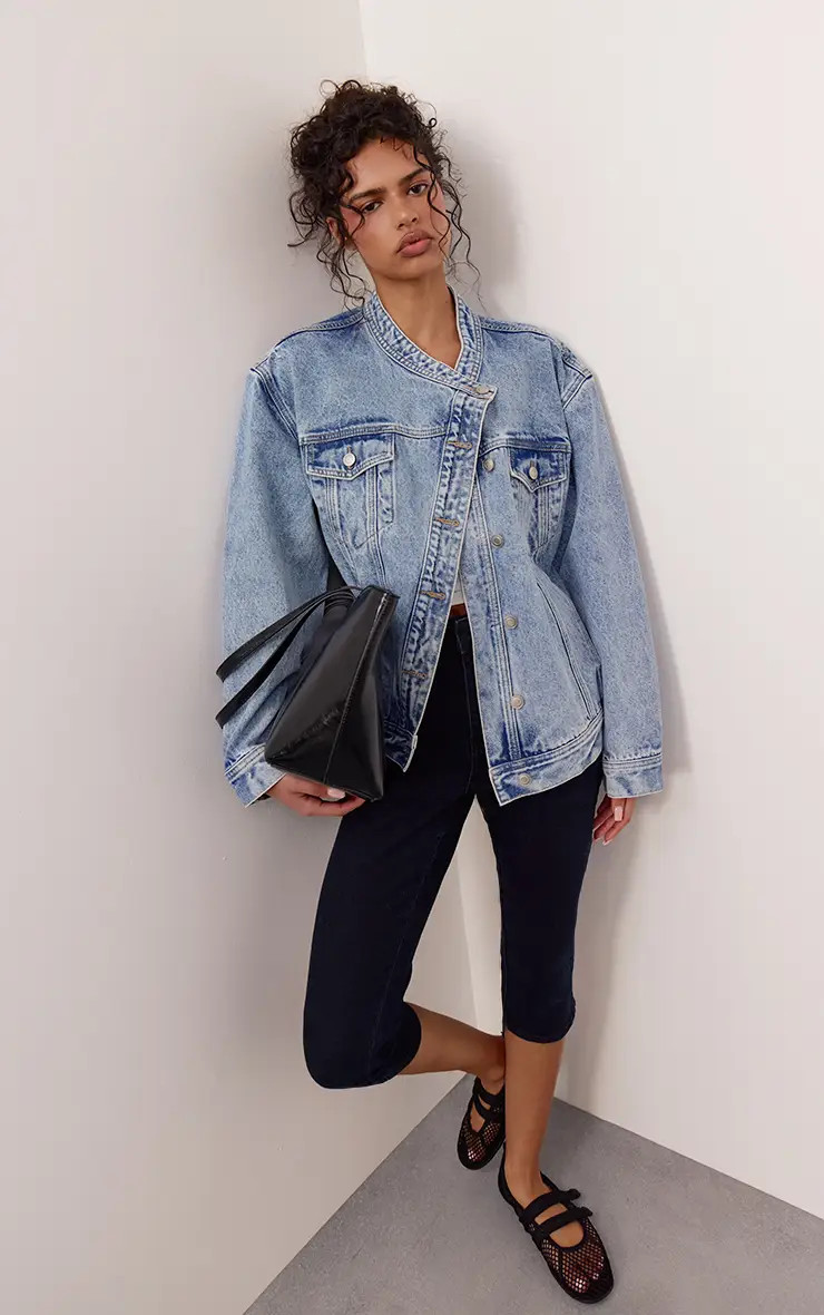 Mid Blue Asymmetric Button Down Denim Jacket | PrettyLittleThing US