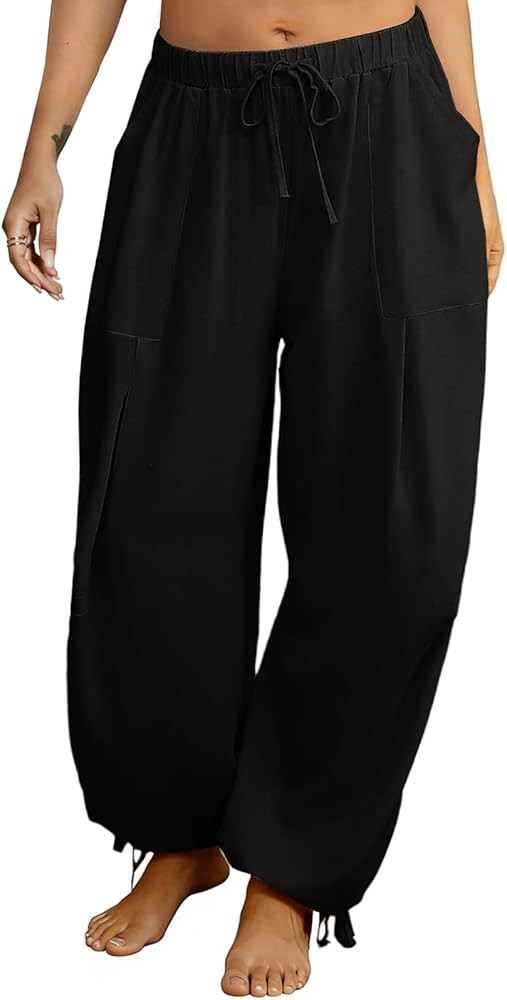 Women's Linen Balloon Barrel Beach Pants Boho Harem Flowy Drawstring Casual Loose Pants with Pock... | Amazon (US)