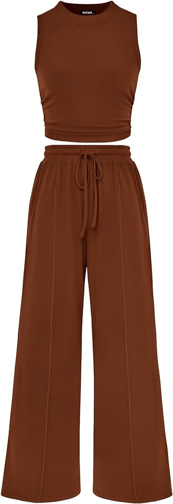 BTFBM Summer Outfits For Women 2026 Cropped Sleeveless Tank Tops Wide Leg Pants 2 Piece Sets Beac... | Amazon (US)