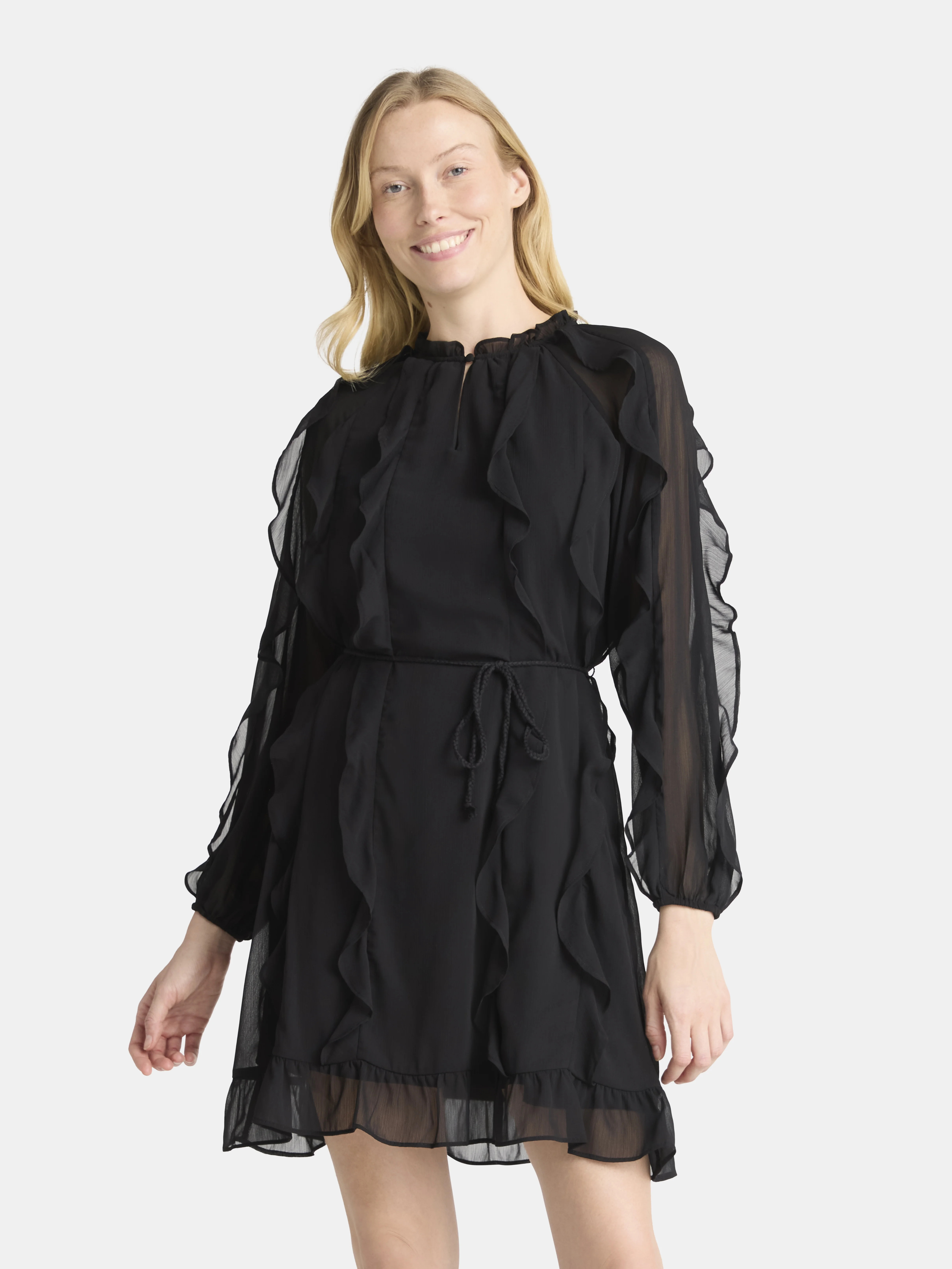 Time and Tru Women's and Women's Plus Belted Ruffle Mini Dress, Sizes XS-4X | Walmart (US)