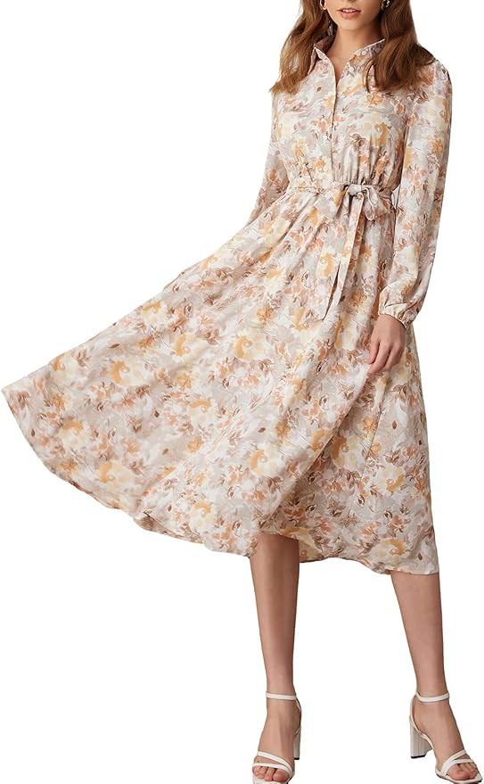 GRACE KARIN Women Floral Collar Shirt Dress Elegant Lantern Long Sleeve Casual Vacation Beachwear | Amazon (US)