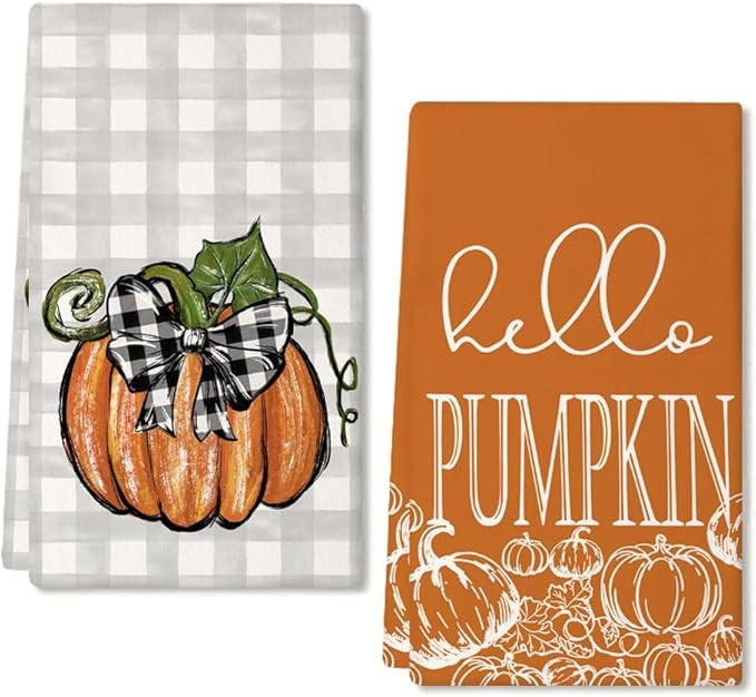 GEEORY Fall Kitchen Dish Towels Set of 2 for Fall Decor,Hello Pumpkin Beige Plaid Bowknot 18x26 I... | Amazon (US)