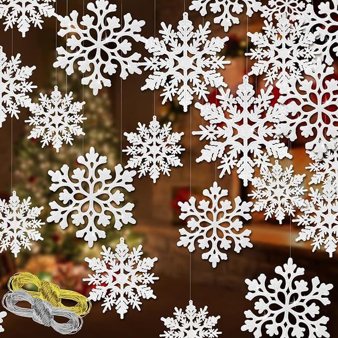 46 Pcs White Glitter Snowflake Ornaments Various Size Plastic Christmas Tree Decorations with Sil... | Amazon (US)