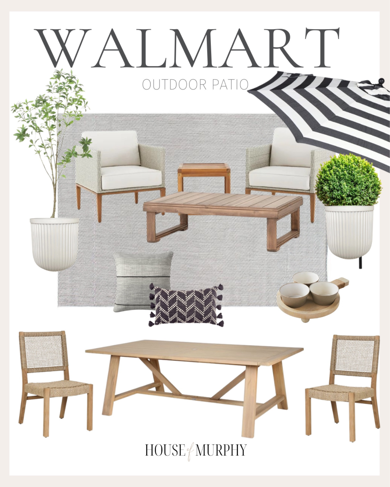 Walmart outdoor patio furniture.  Dining table and chairs, conversation set, outdoor umbrella, faux tree, fluted planter, pillows, Walmart finds, look for less

#LTKhome #LTKSeasonal #LTKFind