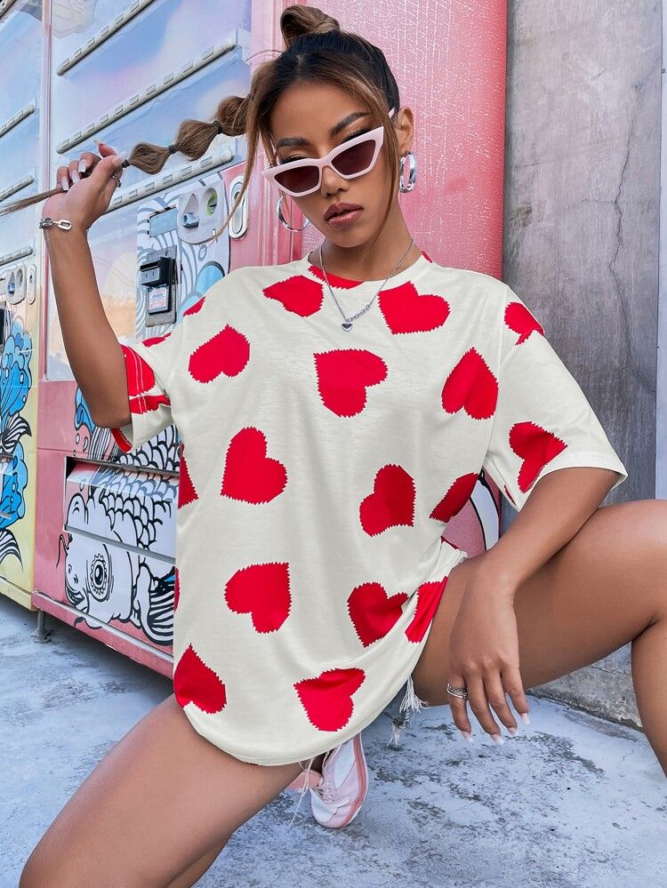 Heart Print Drop Shoulder Tee | SHEIN