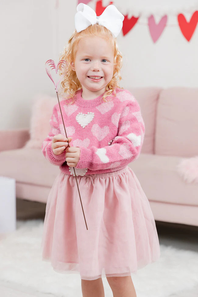 Kid's That Loving Feeling Pink Heart Pearl Detail Sweater | Pink Lily