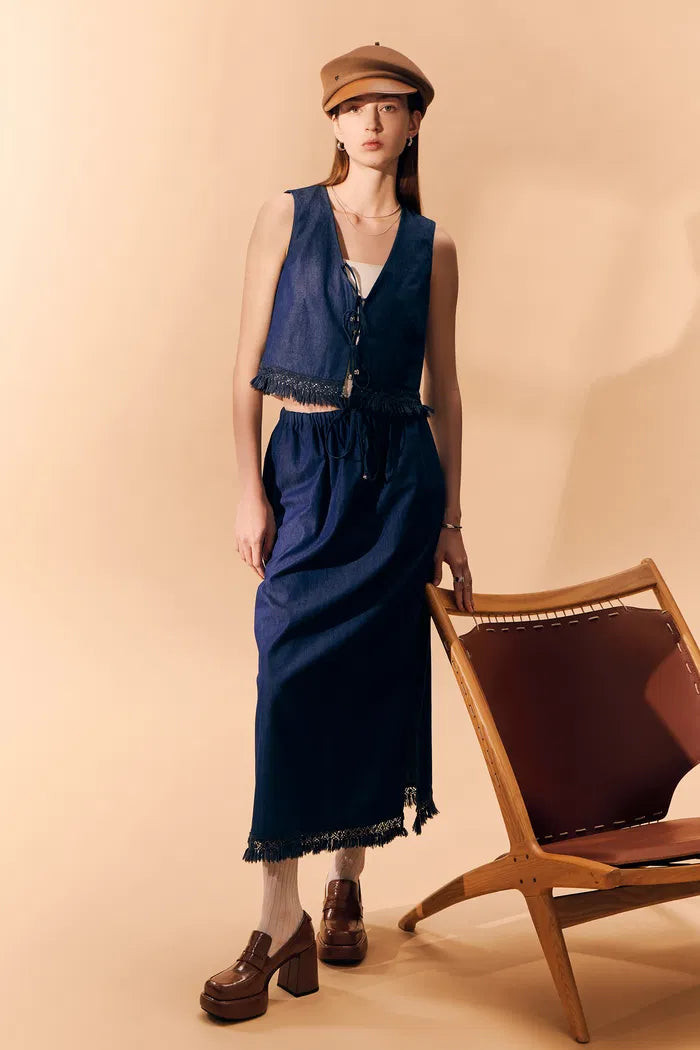 Velia Handcrafted Tassel Vest and Skirt Set in Cotton Denim | Fabrique