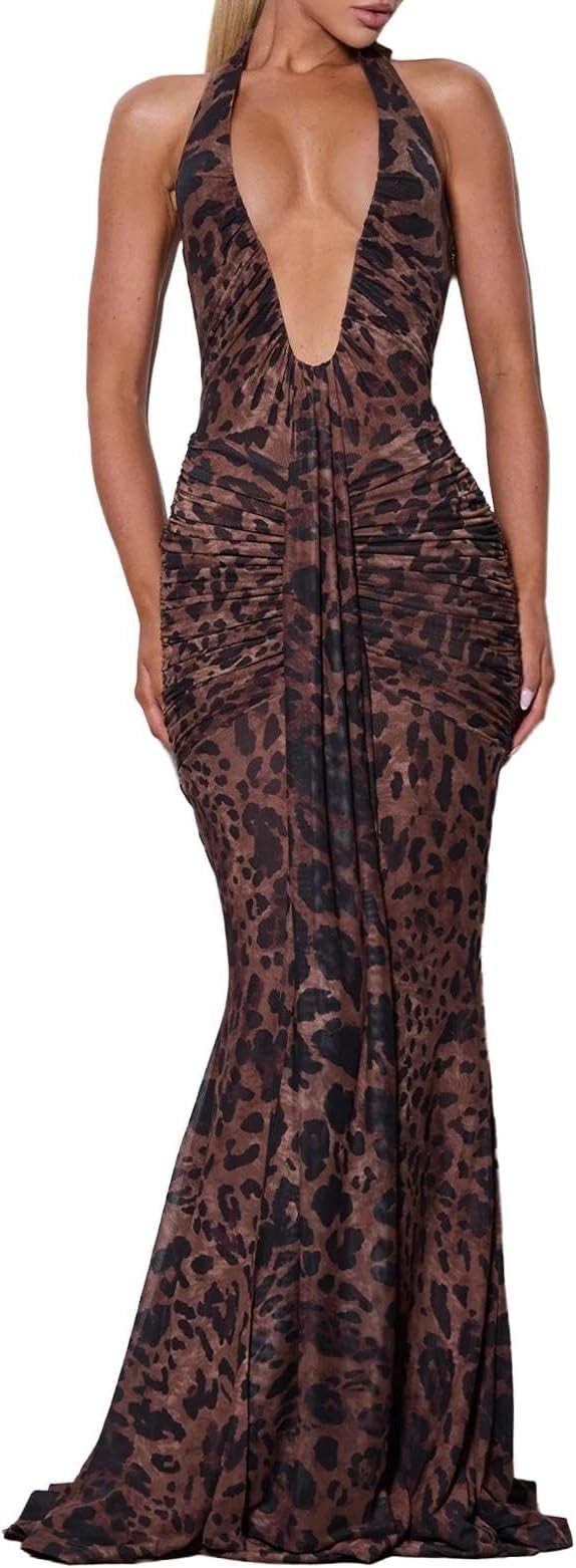 ABYOVRT Women Deep V Neck Ruched Maxi Dress Sleeveless Halter Gown Cocktail Evening Formal Dresse... | Amazon (US)