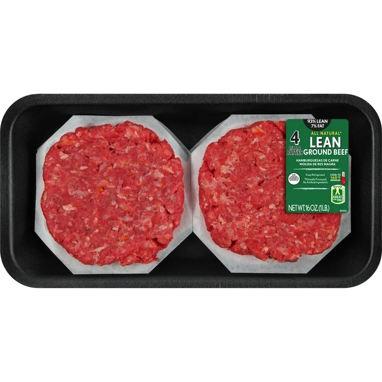93% Lean / 7% Fat Lean Ground Beef Patties, 4 Count, 1 lb Tray, Fresh, All Natural* | Walmart (US)