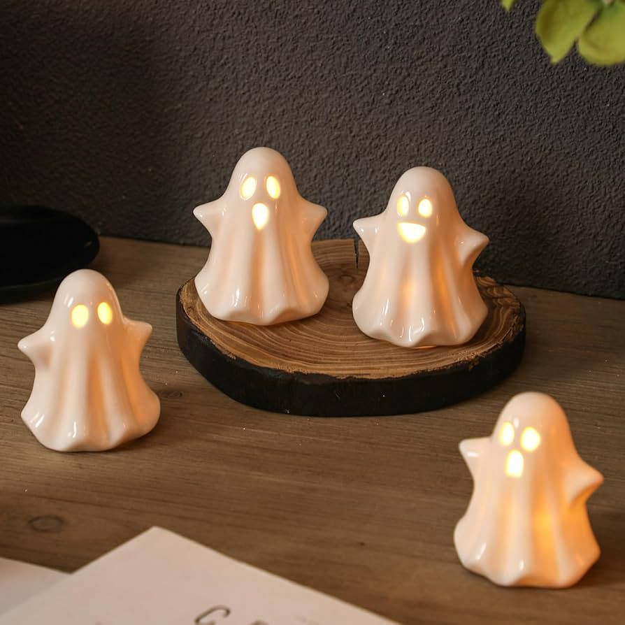 KORMMCO 4PCS Ghost Halloween Decor, Cute Ceramic Ghost Light Up Decor, Small White Ghost Figurine... | Amazon (CA)