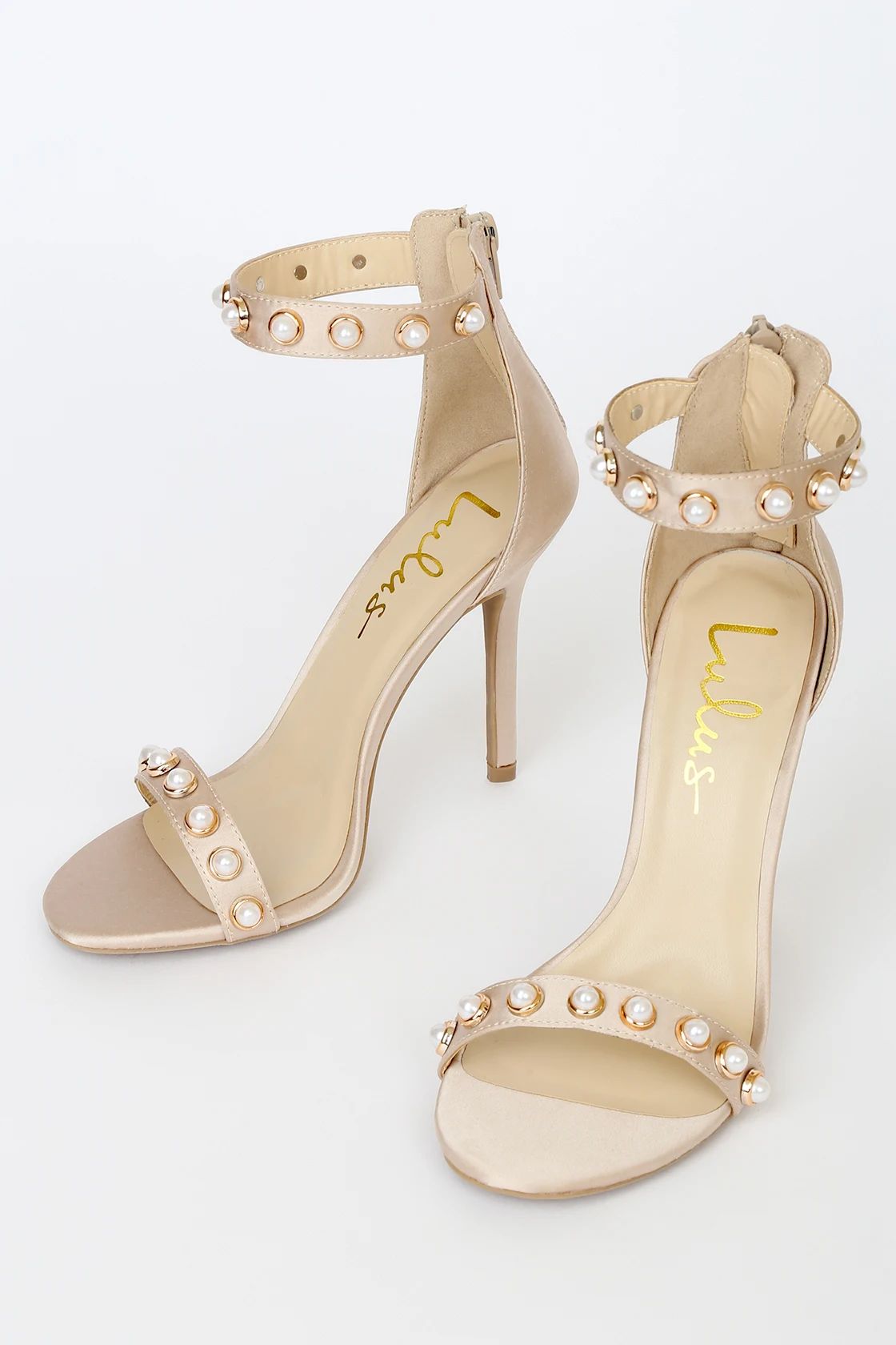 Daveigh Champagne Satin Pearl Ankle Strap High Heel Sandals | Lulus (US)