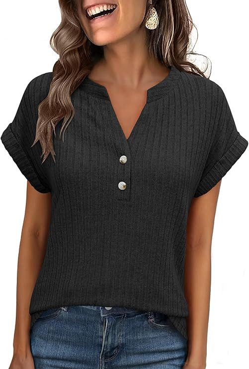 ANRABESS Womens Short Sleeve Henley Shirts V Neck Summer Sweaters 2026 Spring Business Tunic Tops... | Amazon (US)