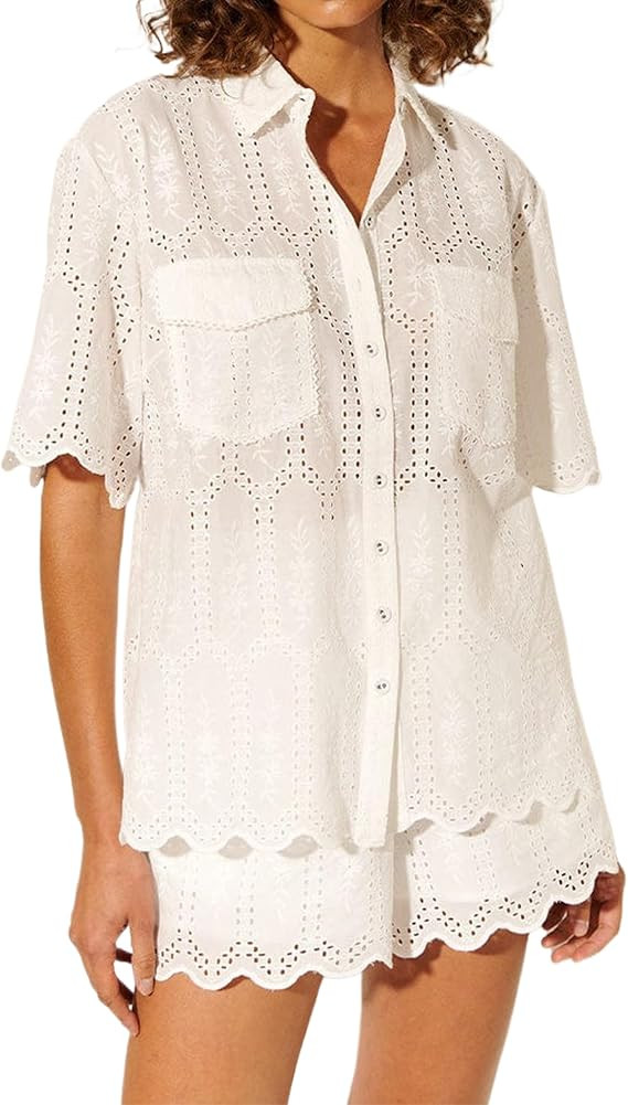 Ymejia Women's Lounge Sets Embroidery Eyelet Short Sleeve Button Down Blouses and Scallop Hem Sho... | Amazon (US)
