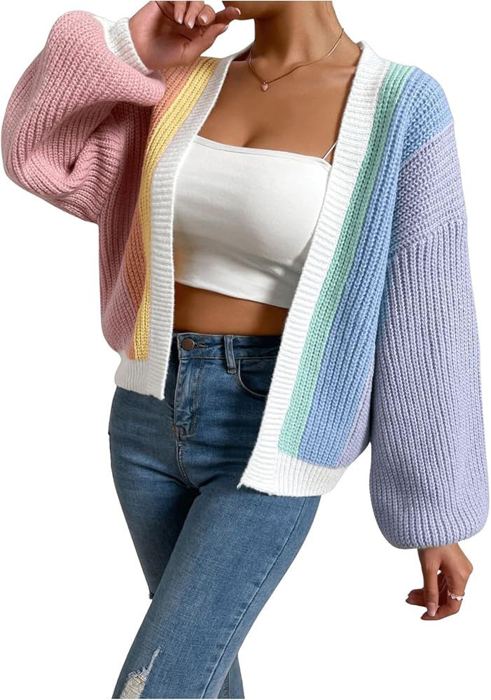 SHENHE Women's Color Block Open Front Long Sleeve Ribbed Knit Cropped Cardigan Sweaters | Amazon (US)