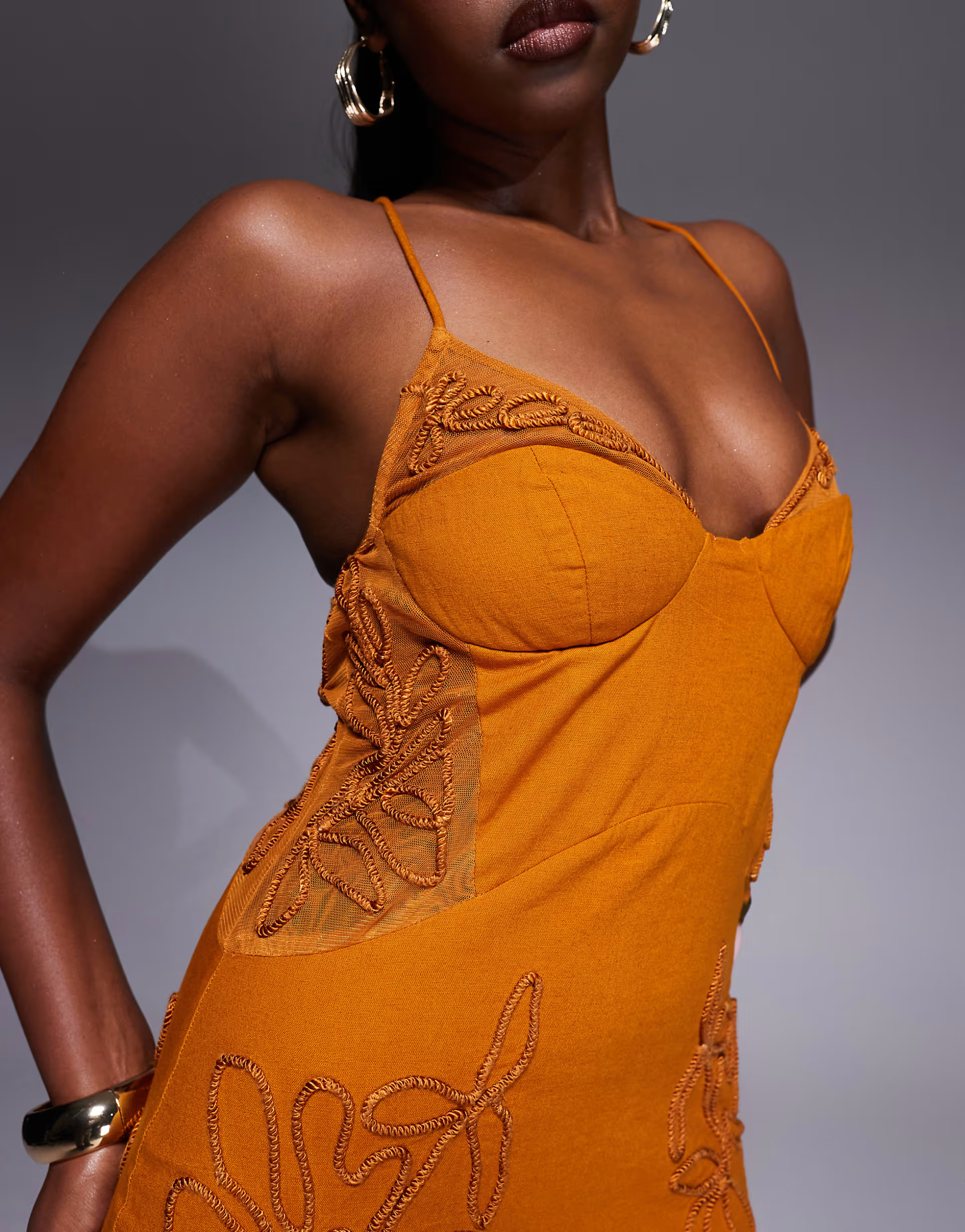 ASOS DESIGN embroidered floral corset maxi dress in deep gold | ASOS (Global)