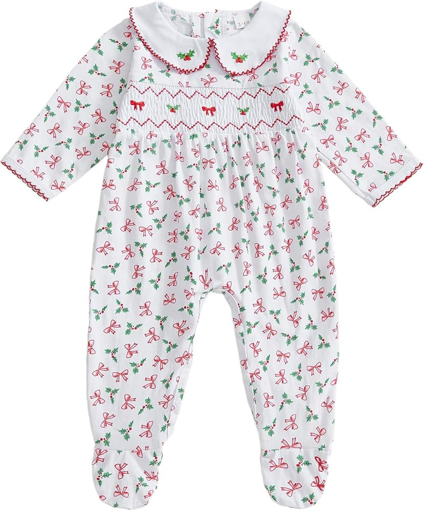 Newborn Baby Girl Christmas Outfit Smocked Bow Holly Leaf Embroidery Footie Romper Jumpsuit Xmas ... | Amazon (US)