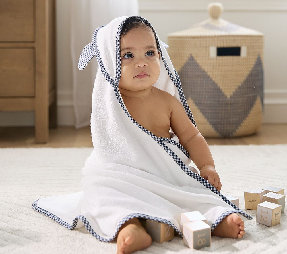 Gingham Navy Bear Baby Hooded Towel & Washcloths | Pottery Barn Kids
