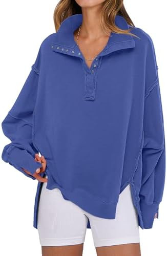 ANRABESS Women's Sweatshirts Oversized Casual Loose Button Up Henley Pullover Top High Low Split ... | Amazon (US)