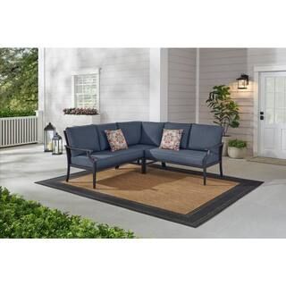 Hampton Bay Braxton Park 3-Piece Black Steel Outdoor Patio Sectional Sofa with CushionGuard Sky B... | The Home Depot