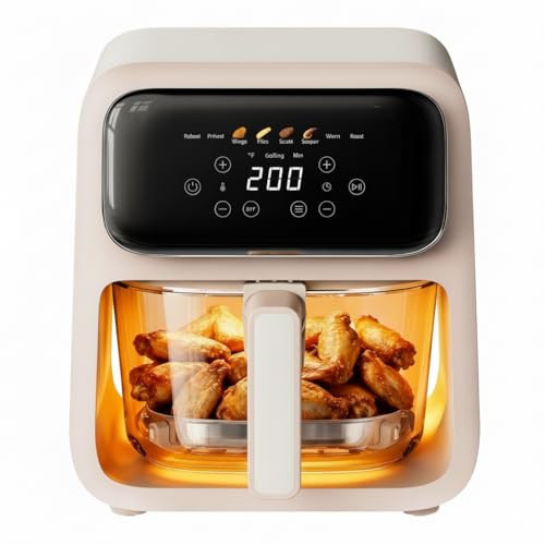 4.2QT Glass Air Fryer,No Coating, 8-1 Presets,TempWare Glass Bowl, Transparent Design, Freezer & Dishwasher Safe, Temperature Control up to 400°F, Creamy Beige | Amazon (US)
