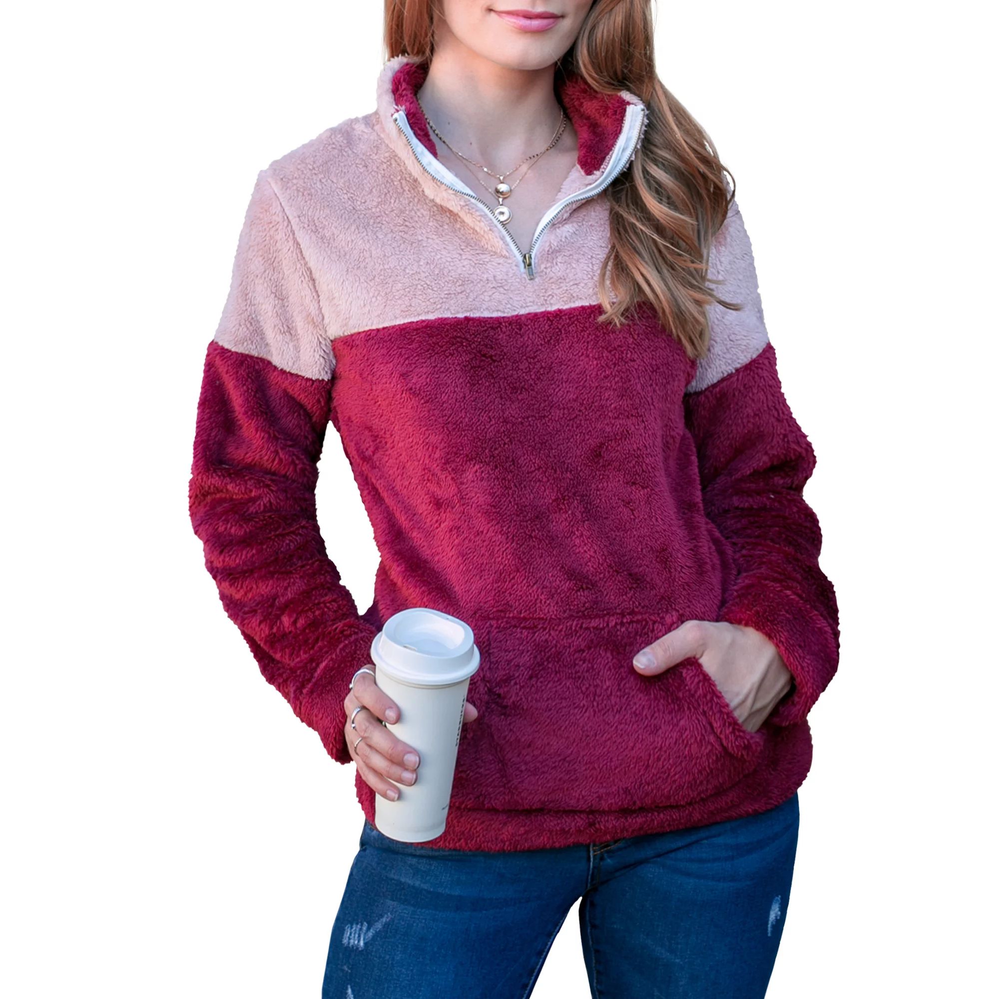 Doublju Women's Soft Sherpa Fleece Quarter Zip Pullover with Pocket with Plus Size | Walmart (US)