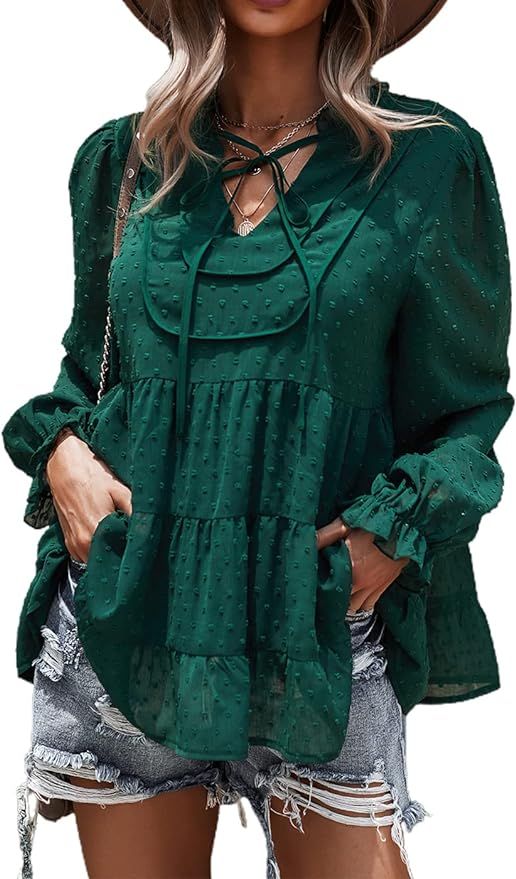 PRETTYGARDEN Women’s Boho Ruffle Chiffon Blouse V Neck Long Sleeve Loose Tunic Tiered Tops Swis... | Amazon (US)